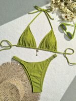 Elegant Women'S Solid Green Halter Bikini Set - Textured Fabric, High-Waisted Two-Piece Swimsuit With Tie Detail, Machine Washable, High Waisted Bikini Set