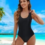 Backless Plain Black One-Piece Swimsuit, Scoop Neck High Stretch Elegant Retro Bathing Suits, Women'S Swimwear & Clothing
