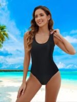 Backless Plain Black One-Piece Swimsuit, Scoop Neck High Stretch Elegant Retro Bathing Suits, Women'S Swimwear & Clothing