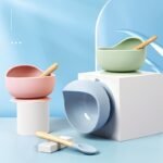 1Pc Silicone Youngsters Bowls With Suction+1Pc Spoon- Feeding Set Silicone Bowl With Spoon For Youngsters Youngsters - Food Plates With Suction- Learning Training Silicone Suction Bowl