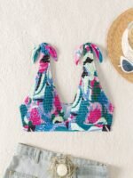 Leaf Print Shirred Knot Bikini Top, V Neck High Stretch Colorful Swimsuit Top Bra, Women'S Swimwear & Clothing