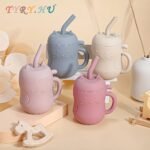 (Cat) Tiny Youngsters Learning Cup, Soft Rubber Training Cup 6Oz, Portable Feeding Cup With Lid & Straw (Leak Proof, Including Cute Stopper), Food Grade Silicone Cup For Beginner, Easy To Grasp, Easy To Clean,Christmas And Thanksgiving Gifts