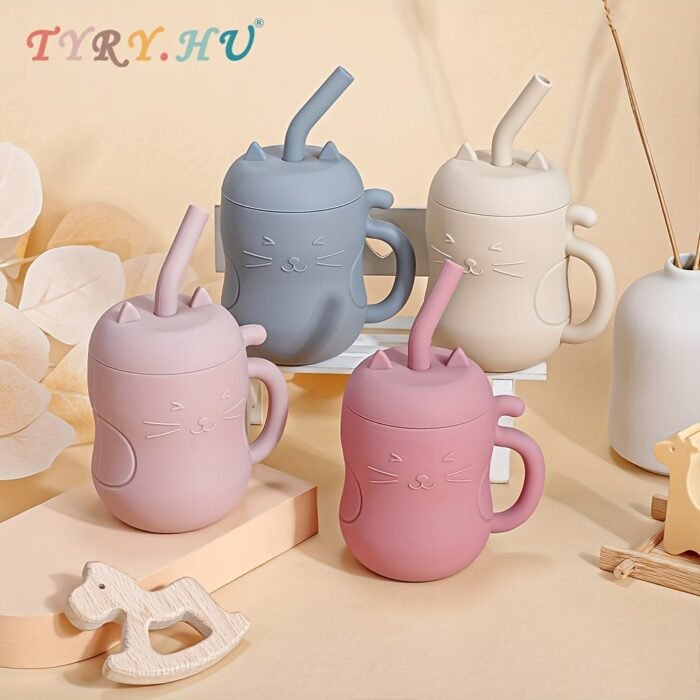 (Cat) Tiny Youngsters Learning Cup, Soft Rubber Training Cup 6Oz, Portable Feeding Cup With Lid & Straw (Leak Proof, Including Cute Stopper), Food Grade Silicone Cup For Beginner, Easy To Grasp, Easy To Clean,Christmas And Thanksgiving Gifts - Image 1