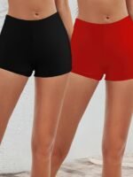 2Pcs Solid Color Casual Swim Shorts, Plain High Stretch Slimming Beach Bottoms, Women'S Swimwear & Clothing