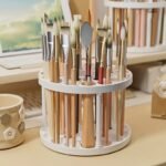 360? Rotating Brush Holder - Glazed Plastic Insert Stand, Suitable For Art Brushes, Pens, Makeup Tools - Space-Saving White Desktop Accessory - Image 2