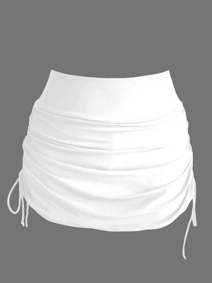 Drawstring Ruched Black Swim Skorts, Plain High Stretch Swimming Bottoms, Women'S Swimwear & Clothing - Image 5