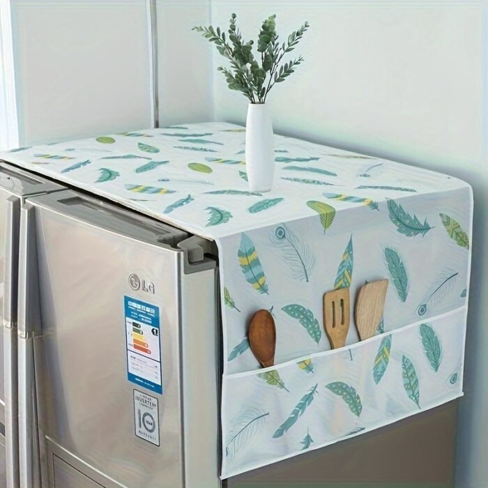 1Pc Youlong Multi-Function Refrigerator Dust Cover With Pocket, 128.02 X 52.07 Cm, Modern Decorative Fabric Storage Organizer For Home And Kitchen Use, Green Leaf Pattern, Pet Material, Appliance Top Protector | Decorative Storage | Pet Material Cover - Image 1