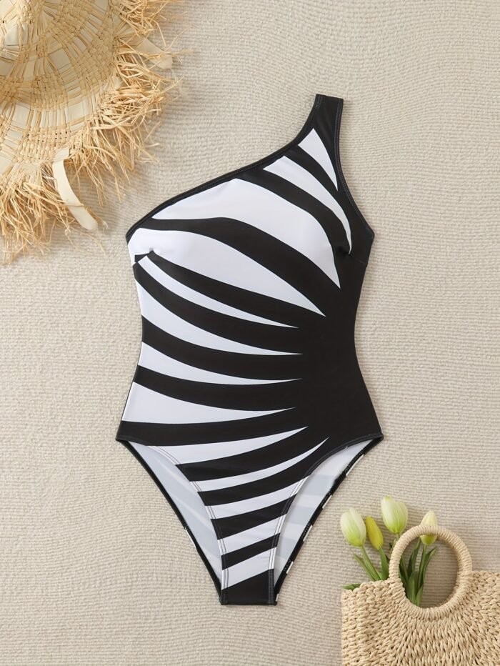 Elegant One-Shoulder Striped Polyester Bodysuit Swimsuit, High Stretch Knit Fabric, With Removable Padding, Asymmetrical Design, Elastane Lined - Image 5