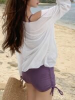 Casual Long-Sleeve Rash Guard Shirt With Drawstring, Belly Cover-Up, Breathable Polyester And Elastane Blend, Summer Beach Top, Spandex, - Image 5