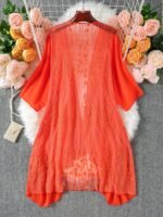 Elegant Plus-Size Coral Chiffon Kimono Cardigan With Lace Detailing - Sheer Half-Sleeve Beach Cover-Up, Machine Washable - Image 5