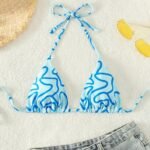 Allover Print Triangle Halter Bikini Top, Spaghetti Strap Backless Stretchy Swimming Top, Women'S Swimwear & Clothing