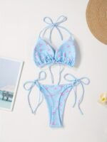 Floral Print V-Neck Bikini Set For Women, Polyester And Elastane Blend, High Stretch, Knit Fabric, With Bow Detail, For Sexy Lingerie Style Swimwear - Image 5