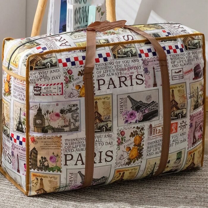1Pc Vintage Fabric Foldable Storage Bag, Dark Brown, With Strong Zipper And Handle, Space-Saving, Heart Leaf Brand, With Random Printing And Edge Paint, For Moving, Travel, Back To School - Image 4