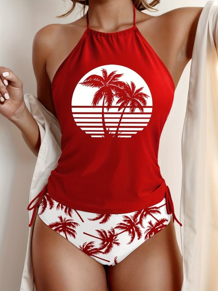 Coconut Tree Set Pattern Drawstring 2Pcs Set Swimsuit, Halter Tie Neck Backless Stretchy Low Waist Bathing Suit For Beach Pool, Women'S Swimwear & Clothing - Image 9