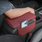 1Pc Pu Leather Car Armrest Pad With Quilted Design, Elbow Support & Storage Pocket - Red, Scratch-Resistant Protective Cushion For Comfortable Driving