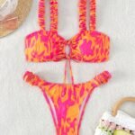 Gathered Texture Chic Off-Shoulder Drawstring Women'S Bikini Set In Vibrant Pink & Orange Abstract Print - High-Waisted, Stretchy Polyester/Elastane Blend, Machine Washable Swimsuit With Ruffled Detail, Swimming Attire|Highwaisted Bikini|Stretchy Fabric Blend, High Waisted Bikini Set