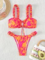 Gathered Texture Chic Off-Shoulder Drawstring Women'S Bikini Set In Vibrant Pink & Orange Abstract Print - High-Waisted, Stretchy Polyester/Elastane Blend, Machine Washable Swimsuit With Ruffled Detail, Swimming Attire|Highwaisted Bikini|Stretchy Fabric Blend, High Waisted Bikini Set