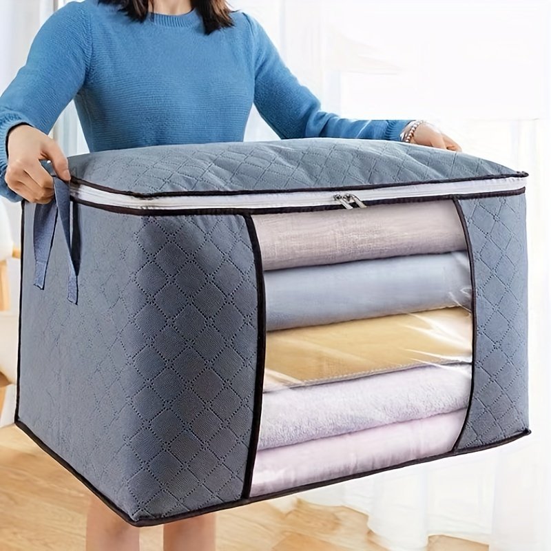 product-open-2023-07-14-1689368629294-4f89d281dc1d4ded91b6c535a2bffacc-goods.jpeg 1Pc Large Capacity Clothes Storage Bag Organizer With Reinforced Handle Thick Fabric For Baby Comforters, Blankets, Bedding, Foldable With Sturdy Zipper, Clear Window - Image 1