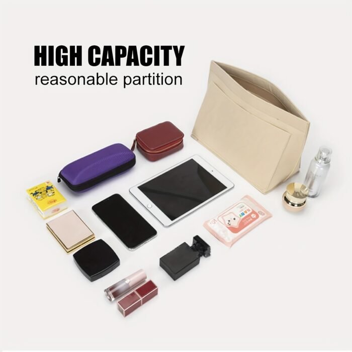 1Pc Felt Insert Bag Organizer, Portable, Casual Style, Fabric Soft Smooth Felt, Large Capacity With Multiple Pockets, Durable Metal Zipper, With Random Printing, For Women'S Tote Handbag, Cosmetic Travel Purse - Image 1