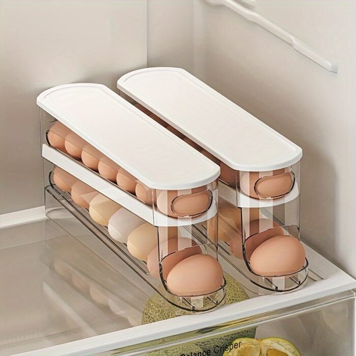 Clear Plastic Egg Storage Box, Space-Saving Rolling Design For Refrigerator Side Door, Durable Pvc, Battery-Free, Essential Kitchen Organizer - Image 1
