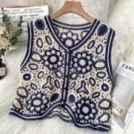 Women'S Bohemian Geometric-Patterned Sleeveless Vest - V-Neck, Lightweight Acrylic Fabric, Casual Summer Style With Hollow Detail, Perfect For Beach Or Casual Attire