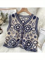 Women'S Bohemian Geometric-Patterned Sleeveless Vest - V-Neck, Lightweight Acrylic Fabric, Casual Summer Style With Hollow Detail, Perfect For Beach Or Casual Attire