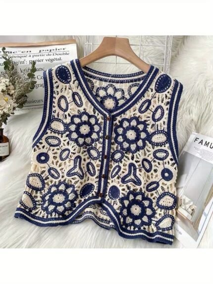 Women'S Bohemian Geometric-Patterned Sleeveless Vest - V-Neck, Lightweight Acrylic Fabric, Casual Summer Style With Hollow Detail, Perfect For Beach Or Casual Attire