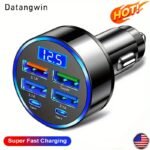 Datangwin, 6-In-1 Fast Car Charger With Usb-C, Dual Pd & Qc3.0, 4 Usb Ports, Voltage Display - Compatible With Iphone, Samsung, Huawei, Xiaomi - Matte Finish, Portable Charger, Car Charge, Without Battery