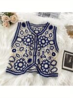 Women'S Bohemian Geometric-Patterned Sleeveless Vest - V-Neck, Lightweight Acrylic Fabric, Casual Summer Style With Hollow Detail, Perfect For Beach Or Casual Attire - Image 5