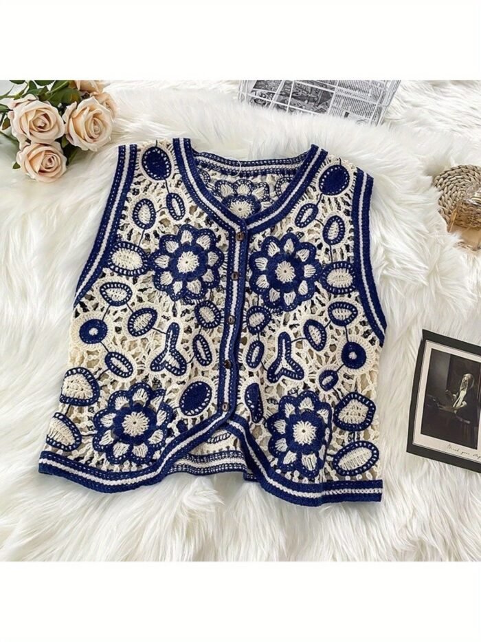 Women'S Bohemian Geometric-Patterned Sleeveless Vest - V-Neck, Lightweight Acrylic Fabric, Casual Summer Style With Hollow Detail, Perfect For Beach Or Casual Attire - Image 5