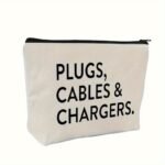 Charger & Cable Organizer Pouch With "Plugs Cables & Chargers" Print - Durable Fabric Storage Bag For Electronics Accessories, Home Office Travel Accessories Organizer, Zippable Closure