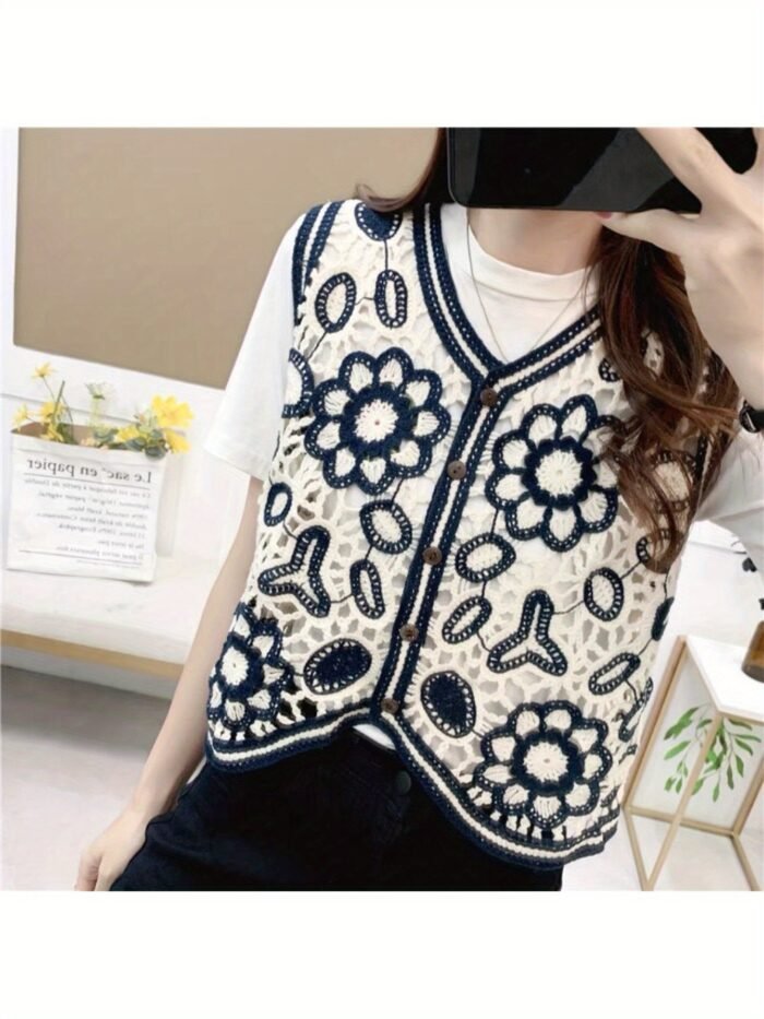 Women'S Bohemian Geometric-Patterned Sleeveless Vest - V-Neck, Lightweight Acrylic Fabric, Casual Summer Style With Hollow Detail, Perfect For Beach Or Casual Attire - Image 2
