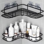 1Pc Cast Iron Corner Shower Shelf - No-Drill Wall Mounted Bathroom Storage Rack, Black Wire Mesh Design For Easy Access & Organization, Perfect For Shampoo, Conditioner, And Soap, Bathroom Storage Solution | Modern Bathroom Decor | Wet Environment Suitable, Bathroom Organizers And Storage