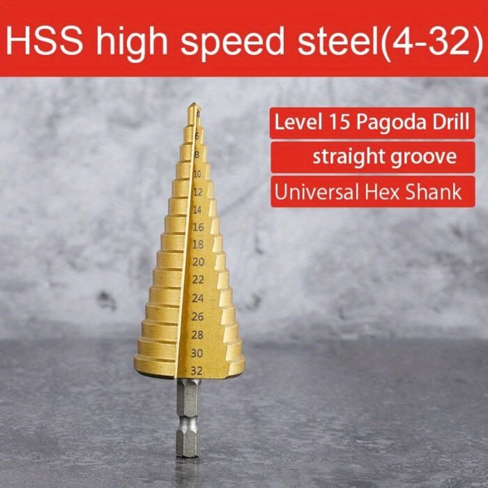 1Pc Newshark 4-12/20/32Mm Hss Titanium Coated Step Drill Bit - Hex Shank, Golden Metal Construction, Anti-Rust Coating For Wood & Metal Drilling, Precision Hole Cutting Tool For Diy & Professional Use, Professional Drilling | Antirust Tool | Highspeed Steel - Image 7