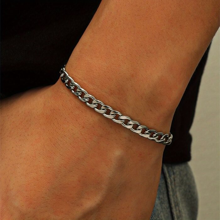 1Pc Men'S Minimalist Stainless Steel Silvery Chain Bracelet Hip Hop Punk Style Fashionable Popular Jewelry Gift Party - Image 4