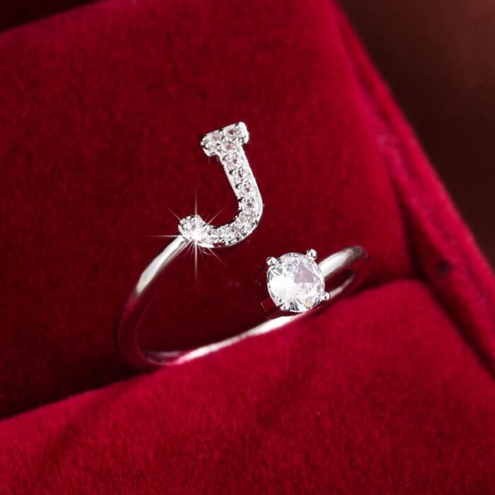 Fashionable 26 English Letters Four-Prong Synthetic Synthetic Zirconia Open Adjustment Ring - Image 48
