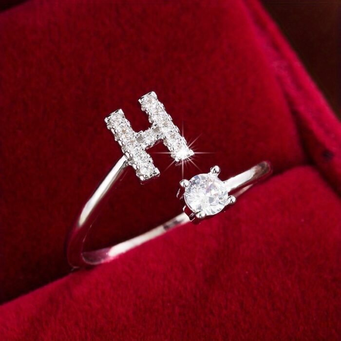 Fashionable 26 English Letters Four-Prong Synthetic Synthetic Zirconia Open Adjustment Ring - Image 46