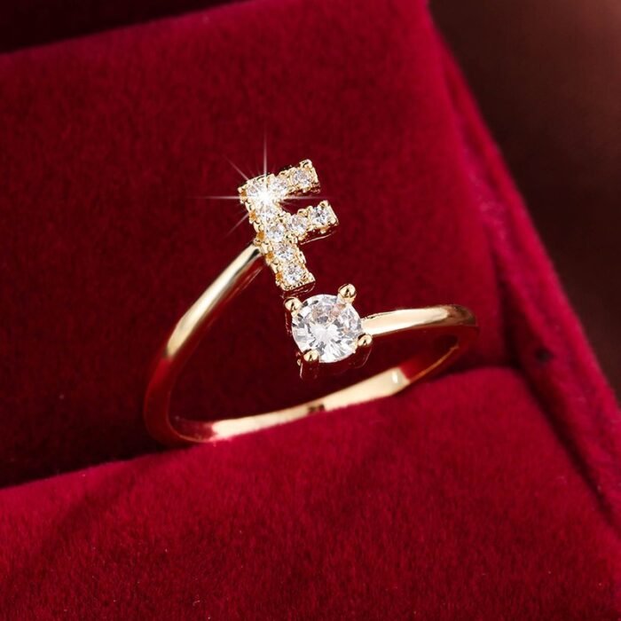 Fashionable 26 English Letters Four-Prong Synthetic Synthetic Zirconia Open Adjustment Ring - Image 20