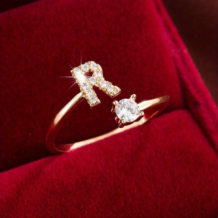 Fashionable 26 English Letters Four-Prong Synthetic Synthetic Zirconia Open Adjustment Ring - Image 30