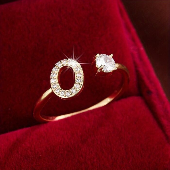 Fashionable 26 English Letters Four-Prong Synthetic Synthetic Zirconia Open Adjustment Ring - Image 27