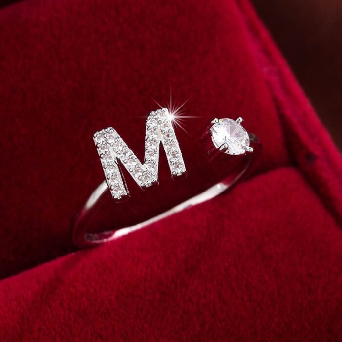 Fashionable 26 English Letters Four-Prong Synthetic Synthetic Zirconia Open Adjustment Ring - Image 5