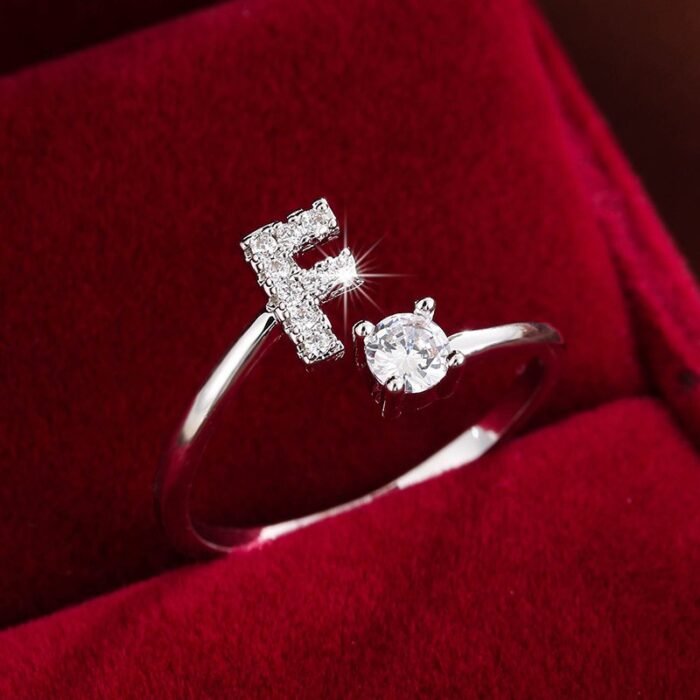 Fashionable 26 English Letters Four-Prong Synthetic Synthetic Zirconia Open Adjustment Ring - Image 44