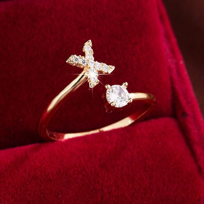 Fashionable 26 English Letters Four-Prong Synthetic Synthetic Zirconia Open Adjustment Ring - Image 36