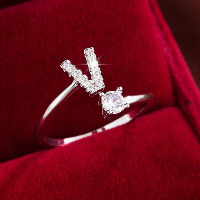 Fashionable 26 English Letters Four-Prong Synthetic Synthetic Zirconia Open Adjustment Ring - Image 58