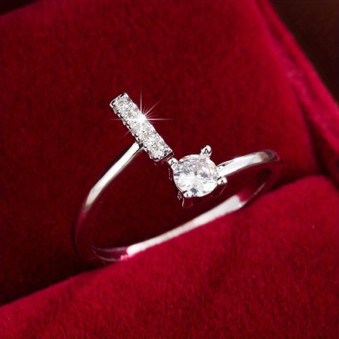Fashionable 26 English Letters Four-Prong Synthetic Synthetic Zirconia Open Adjustment Ring - Image 47