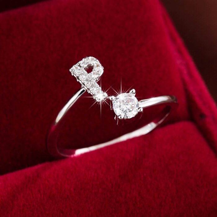 Fashionable 26 English Letters Four-Prong Synthetic Synthetic Zirconia Open Adjustment Ring - Image 52