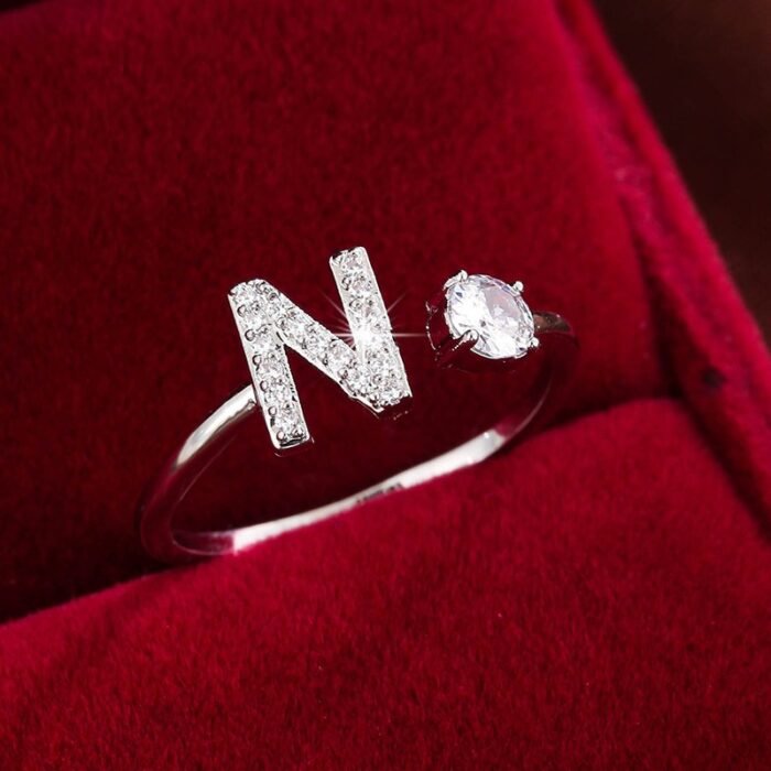 Fashionable 26 English Letters Four-Prong Synthetic Synthetic Zirconia Open Adjustment Ring - Image 50