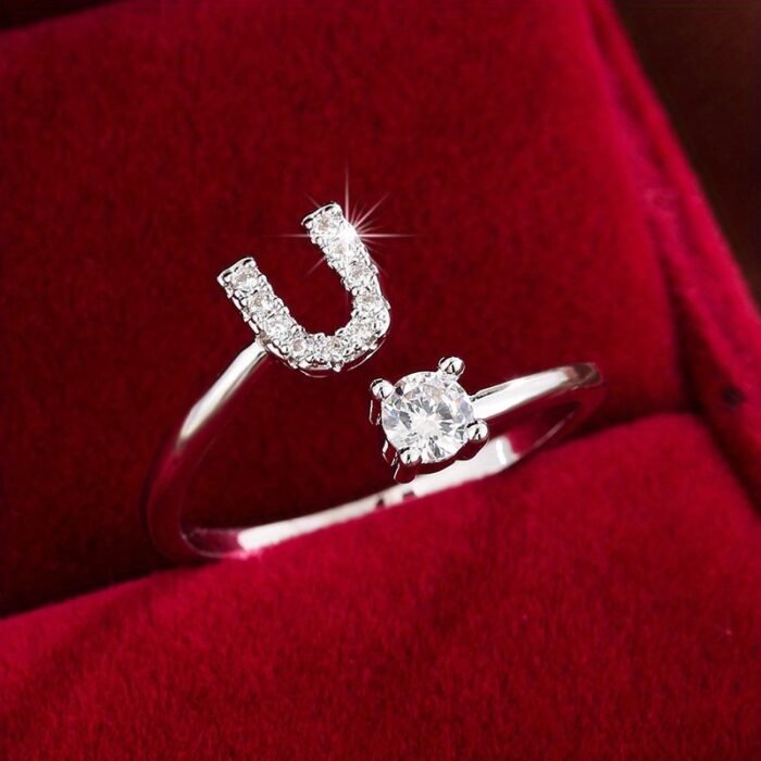Fashionable 26 English Letters Four-Prong Synthetic Synthetic Zirconia Open Adjustment Ring - Image 57