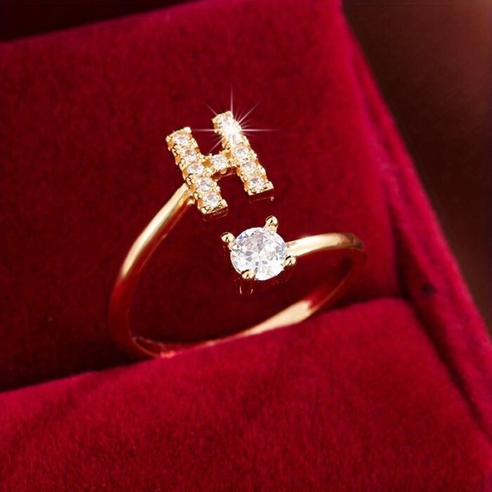 Fashionable 26 English Letters Four-Prong Synthetic Synthetic Zirconia Open Adjustment Ring - Image 22