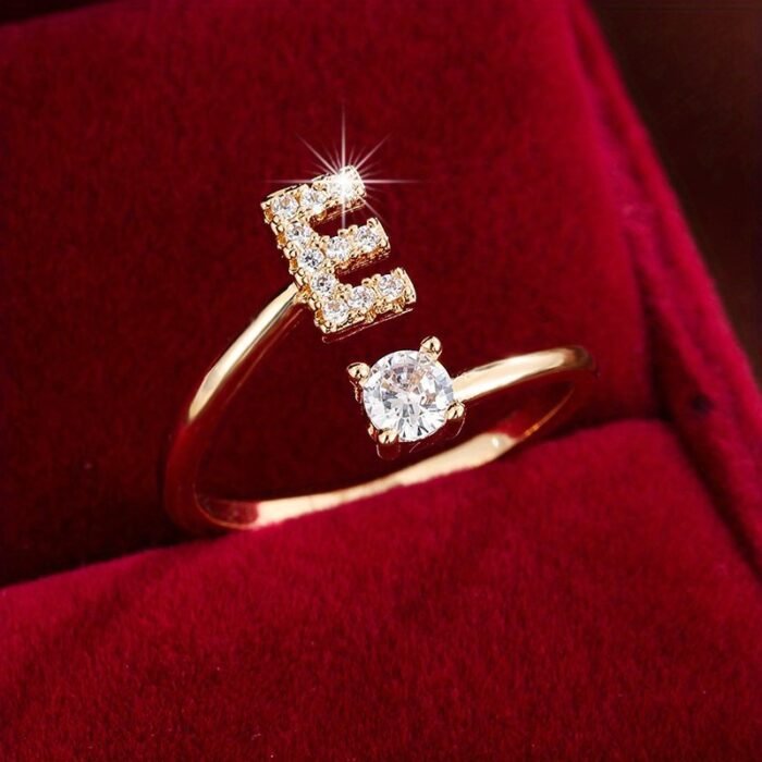 Fashionable 26 English Letters Four-Prong Synthetic Synthetic Zirconia Open Adjustment Ring - Image 19